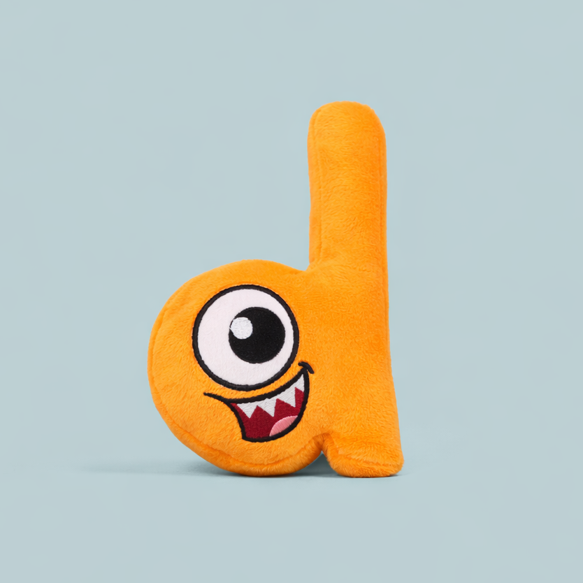 Orange letter 'd' plush toy with a face on a light blue background